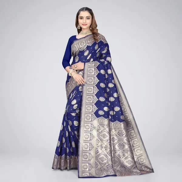 Blue_Silk_And_Polyester_Saree_With_Blouse_Piece_For_Women