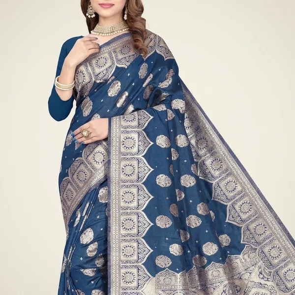 Navy_Blue_Silk_And_Polyester_Saree_With_Blouse_Piece_For_Women