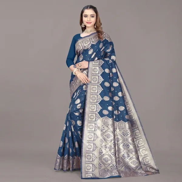 Navy_Blue_Silk_And_Polyester_Saree_With_Blouse_Piece_For_Women