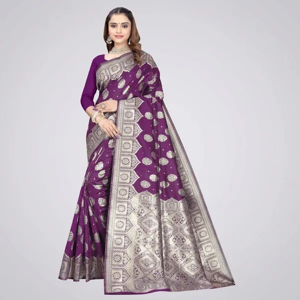 Purple_Silk_And_Polyester_Saree_With_Blouse_Piece_For_Women