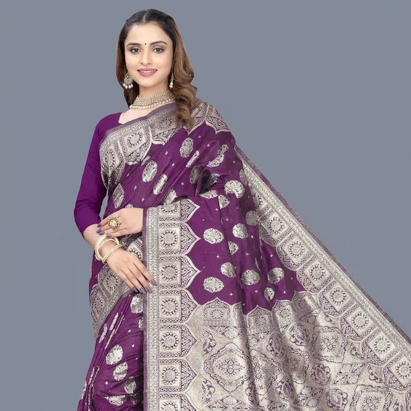 Purple_Silk_And_Polyester_Saree_With_Blouse_Piece_For_Women