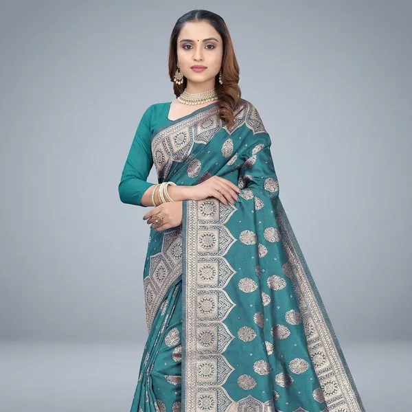 Teal_Blue_Silk_And_Polyester_Saree_With_Blouse_Piece_For_Women