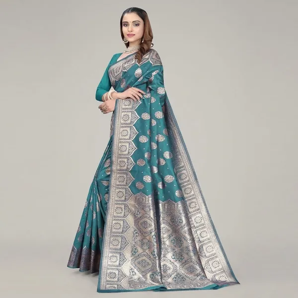 Teal_Blue_Silk_And_Polyester_Saree_With_Blouse_Piece_For_Women