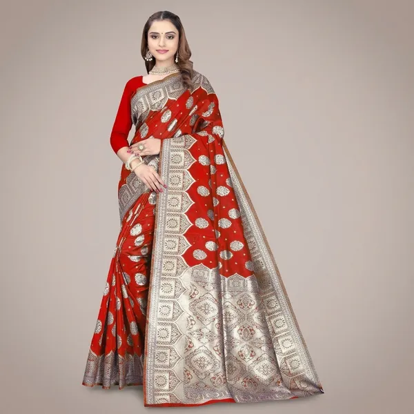 Red_Silk_And_Polyester_Saree_With_Blouse_Piece_For_Women