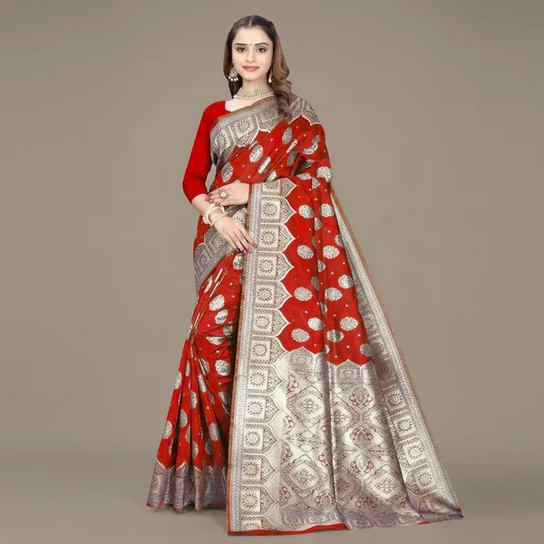 Red_Silk_And_Polyester_Saree_With_Blouse_Piece_For_Women