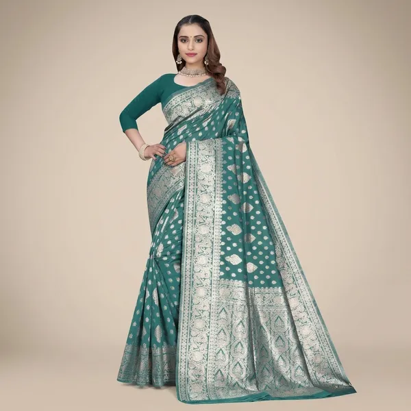 Teal_Silk_And_Polyester_Saree_With_Blouse_Piece_For_Women