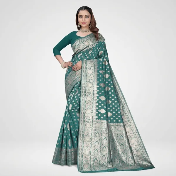 Teal_Silk_And_Polyester_Saree_With_Blouse_Piece_For_Women