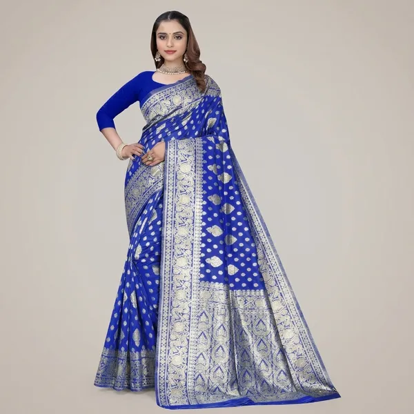 Royal_Blue_Silk_And_Polyester_Saree_With_Blouse_Piece_For_Women