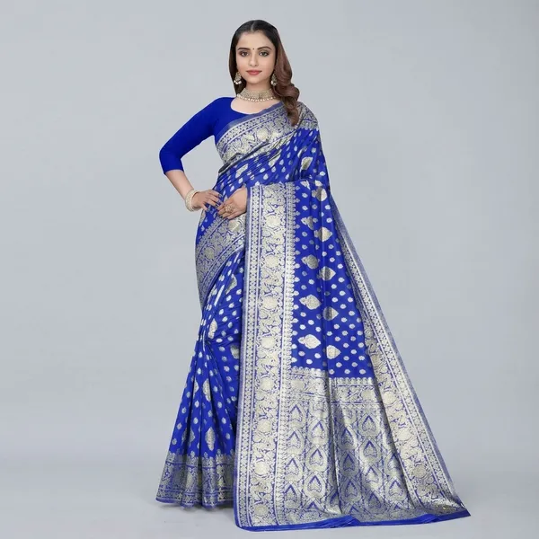 Royal_Blue_Silk_And_Polyester_Saree_With_Blouse_Piece_For_Women