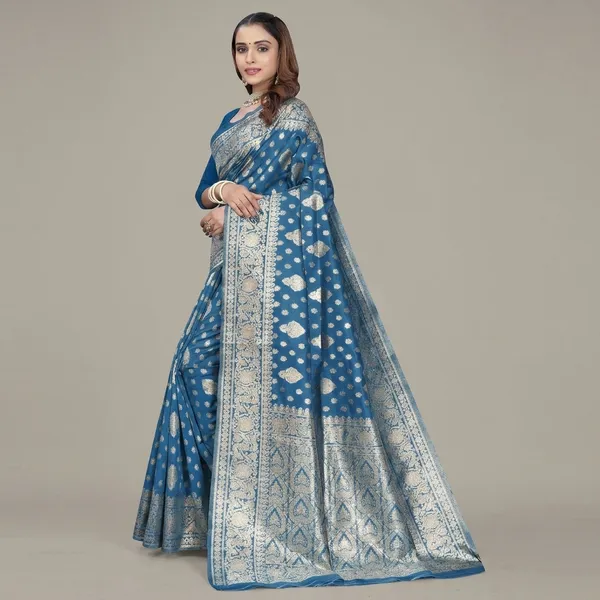 Blue_Silk_And_Polyester_Saree_With_Blouse_Piece_For_Women