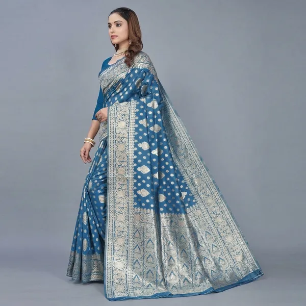 Blue_Silk_And_Polyester_Saree_With_Blouse_Piece_For_Women