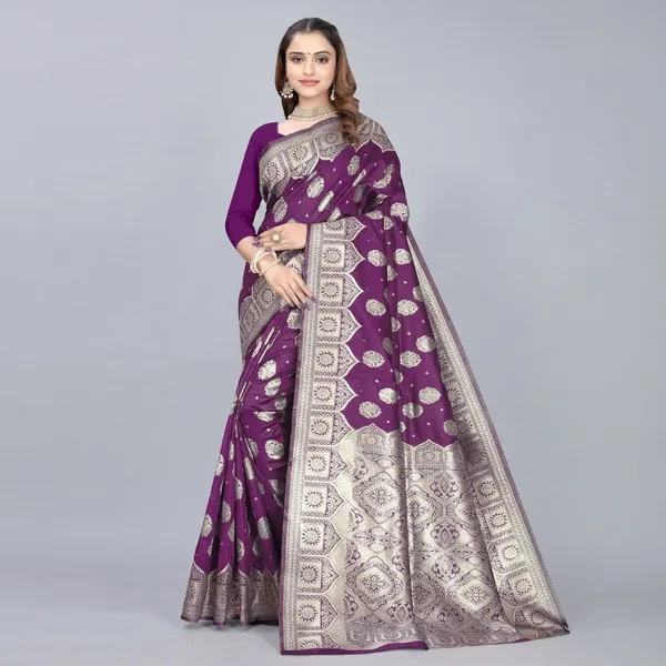 Purple_Silk_And_Polyester_Saree_With_Blouse_Piece_For_Women