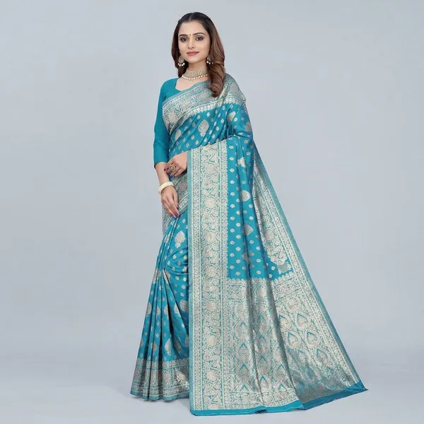 Turquoise_Blue_Silk_And_Polyester_Saree_With_Blouse_Piece_For_Women