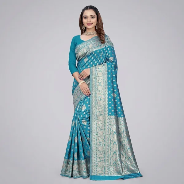 Turquoise_Blue_Silk_And_Polyester_Saree_With_Blouse_Piece_For_Women
