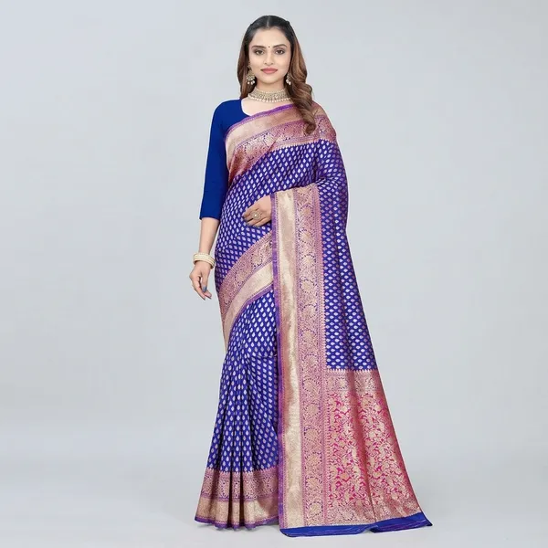 Blue_Silk_And_Polyester_Saree_With_Blouse_Piece_For_Women