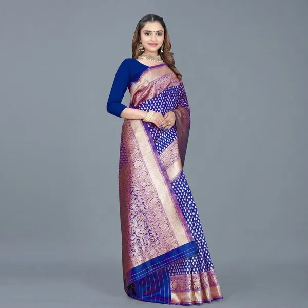 Blue_Silk_And_Polyester_Saree_With_Blouse_Piece_For_Women
