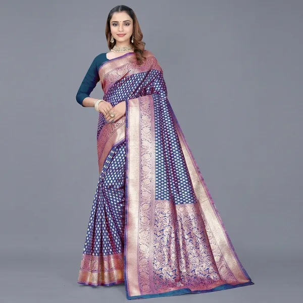 Blue_Silk_And_Polyester_Saree_With_Blouse_Piece_For_Women