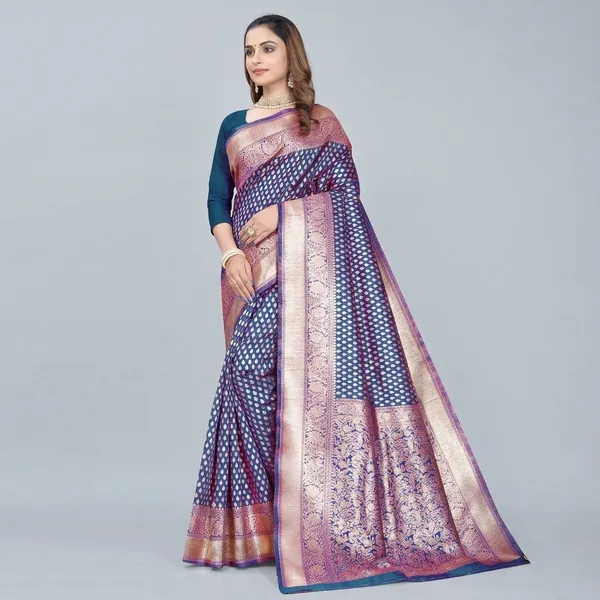 Blue_Silk_And_Polyester_Saree_With_Blouse_Piece_For_Women