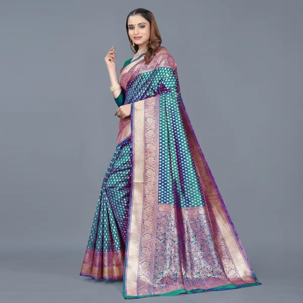 Blue_Silk_And_Polyester_Saree_With_Blouse_Piece_For_Women