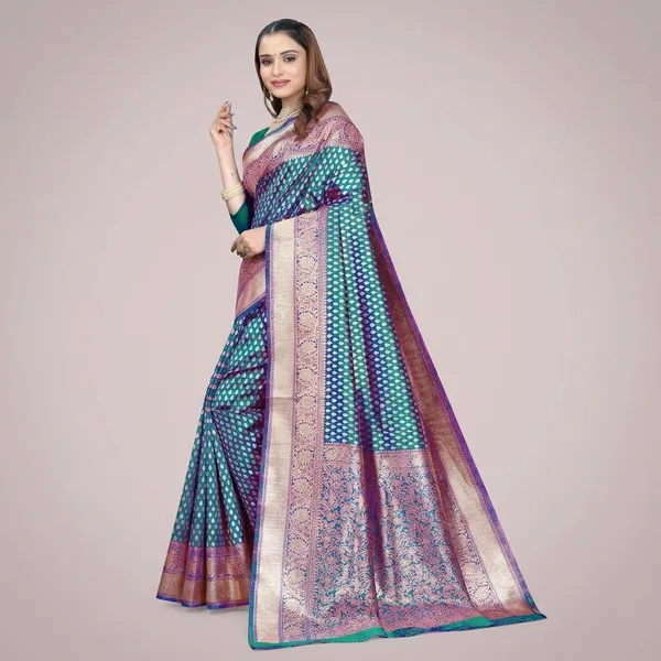 Blue_Silk_And_Polyester_Saree_With_Blouse_Piece_For_Women