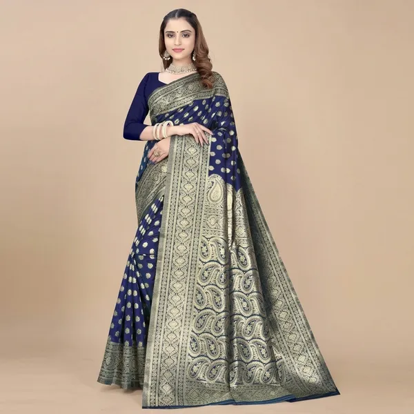 Navy_Blue_Silk_And_Polyester_Saree_With_Blouse_Piece_For_Women