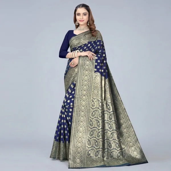 Navy_Blue_Silk_And_Polyester_Saree_With_Blouse_Piece_For_Women