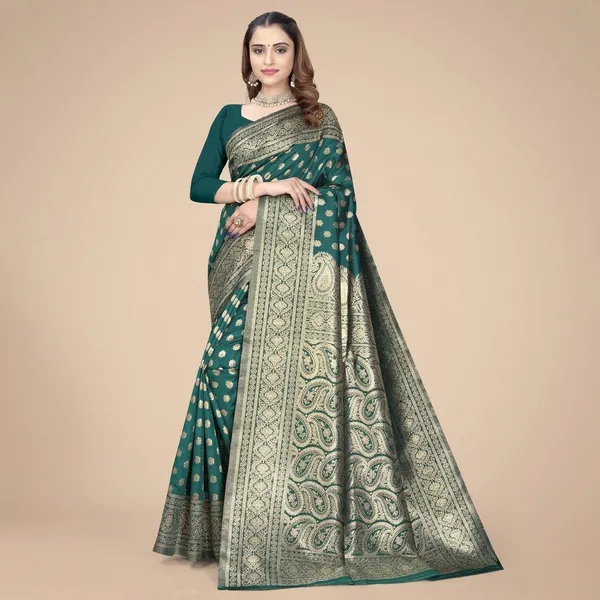 Green_Silk_And_Polyester_Saree_With_Blouse_Piece_For_Women