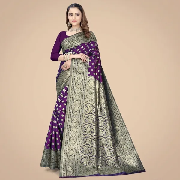Purple_Silk_And_Polyester_Saree_With_Blouse_Piece_For_Women