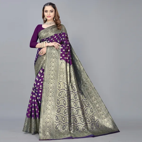 Purple_Silk_And_Polyester_Saree_With_Blouse_Piece_For_Women