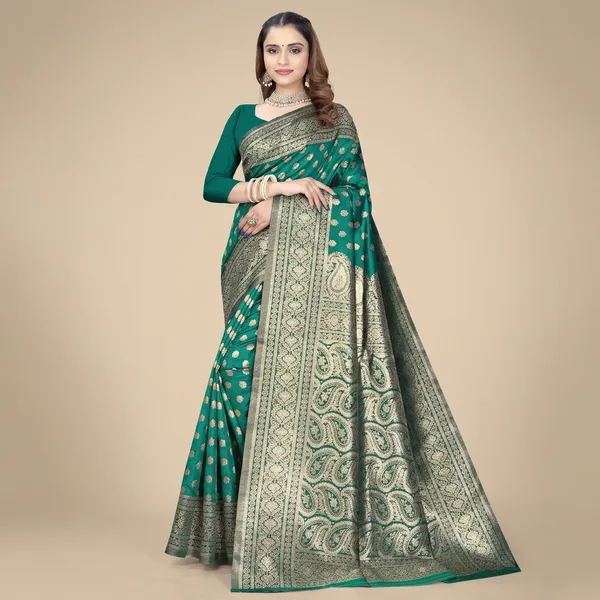 Green_Silk_And_Polyester_Saree_With_Blouse_Piece_For_Women