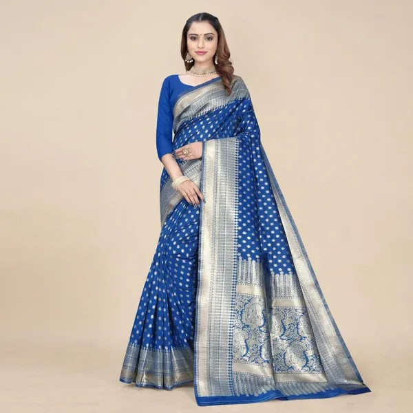Blue_Silk_And_Polyester_Saree_With_Blouse_Piece_For_Women