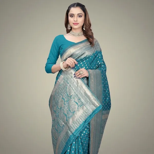 Turquoise_Silk_And_Polyester_Saree_With_Blouse_Piece_For_Women