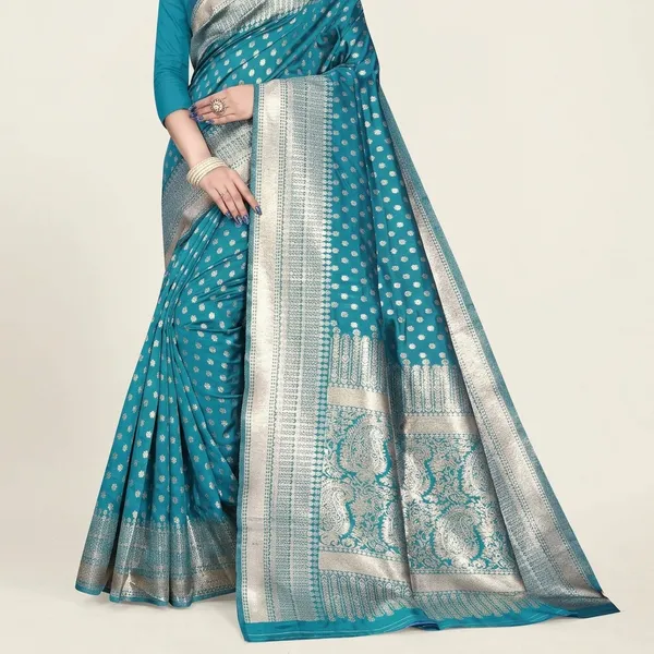 Turquoise_Silk_And_Polyester_Saree_With_Blouse_Piece_For_Women