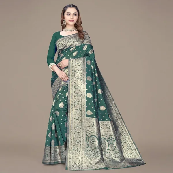 Green_Silk_And_Polyester_Saree_With_Blouse_Piece_For_Women