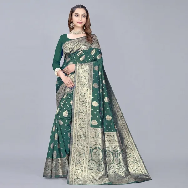 Green_Silk_And_Polyester_Saree_With_Blouse_Piece_For_Women