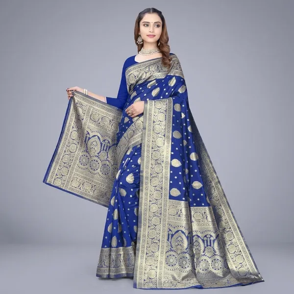 Blue_Silk_And_Polyester_Saree_With_Blouse_Piece_For_Women