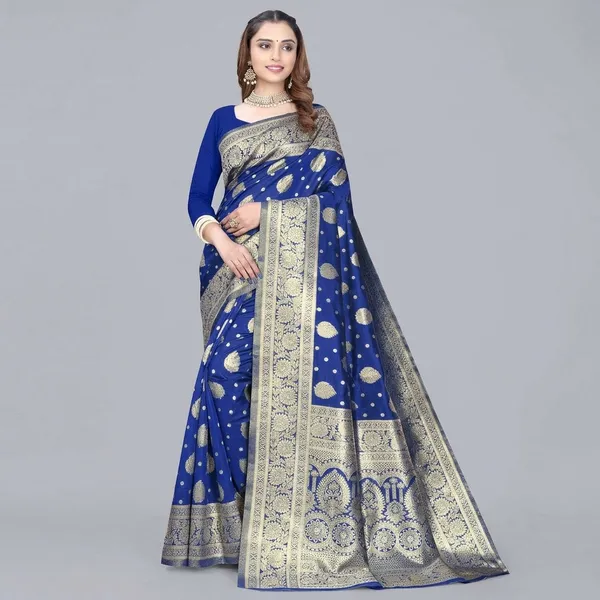 Blue_Silk_And_Polyester_Saree_With_Blouse_Piece_For_Women
