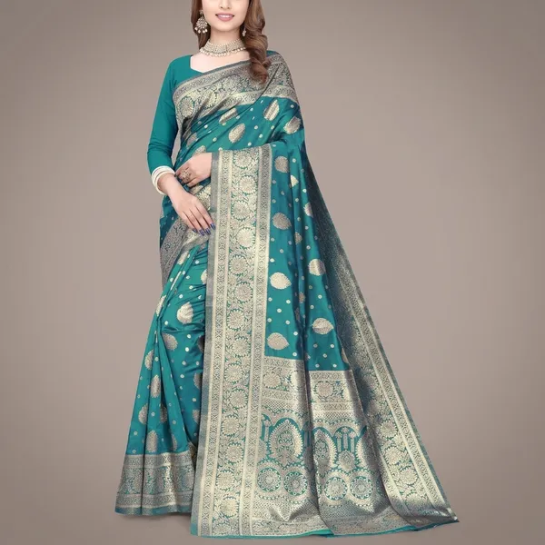 Teal_Silk_And_Polyester_Saree_With_Blouse_Piece_For_Women