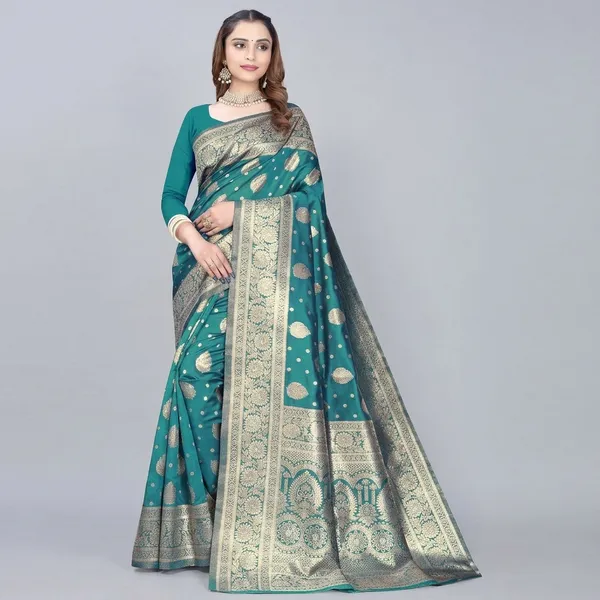Teal_Silk_And_Polyester_Saree_With_Blouse_Piece_For_Women