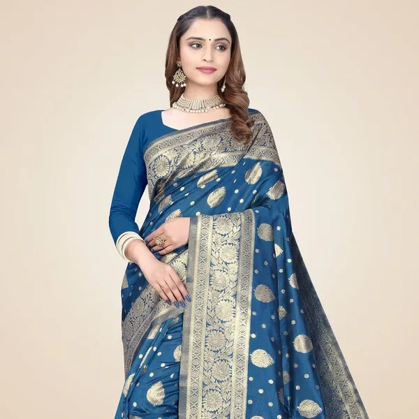 Blue_Silk_And_Polyester_Saree_With_Blouse_Piece_For_Women