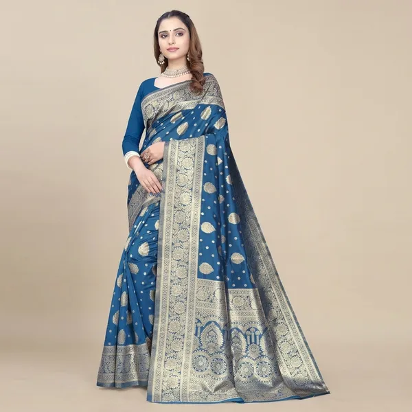 Blue_Silk_And_Polyester_Saree_With_Blouse_Piece_For_Women