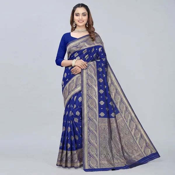 Royal_Blue_Silk_And_Polyester_Saree_With_Blouse_Piece_For_Women