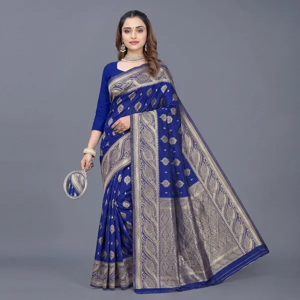 Royal_Blue_Silk_And_Polyester_Saree_With_Blouse_Piece_For_Women
