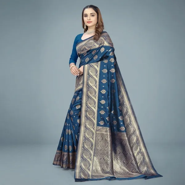 Blue_Silk_And_Polyester_Saree_With_Blouse_Piece_For_Women