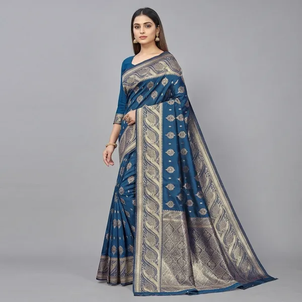 Blue_Silk_And_Polyester_Saree_With_Blouse_Piece_For_Women