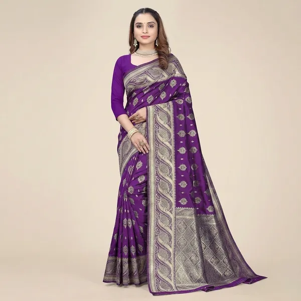 Purple_Silk_And_Polyester_Saree_With_Blouse_Piece_For_Women