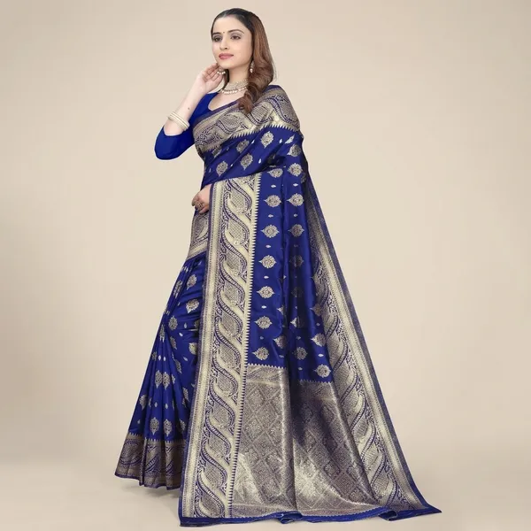 Blue_Silk_And_Polyester_Saree_With_Blouse_Piece_For_Women