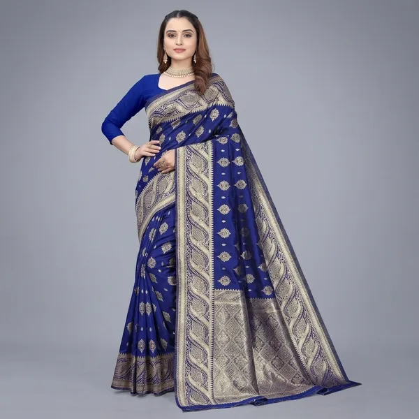 Blue_Silk_And_Polyester_Saree_With_Blouse_Piece_For_Women