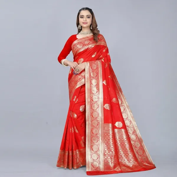 Red_Silk_And_Polyester_Saree_With_Blouse_Piece_For_Women