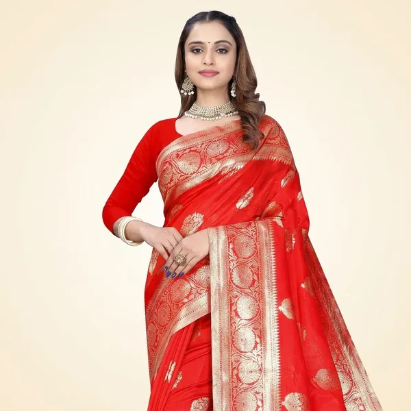 Red_Silk_And_Polyester_Saree_With_Blouse_Piece_For_Women
